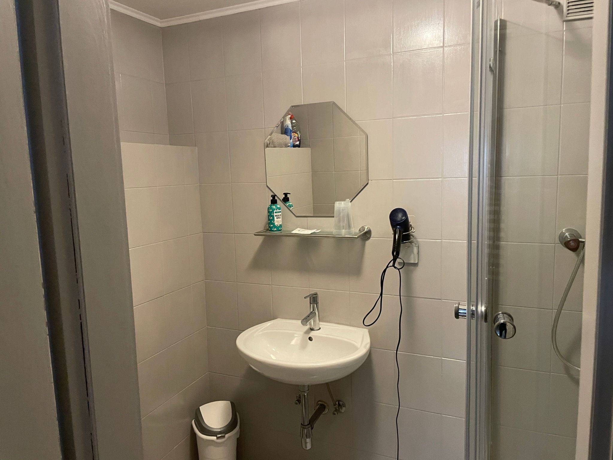 A bathroom with a white sink, a mirror, a shelf with toiletries, and a shower area.