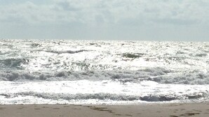 Una playa con olas y un cielo nublado.