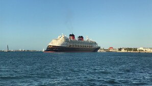 Un gran crucero navegando sobre el agua, con cielo despejado al fondo.