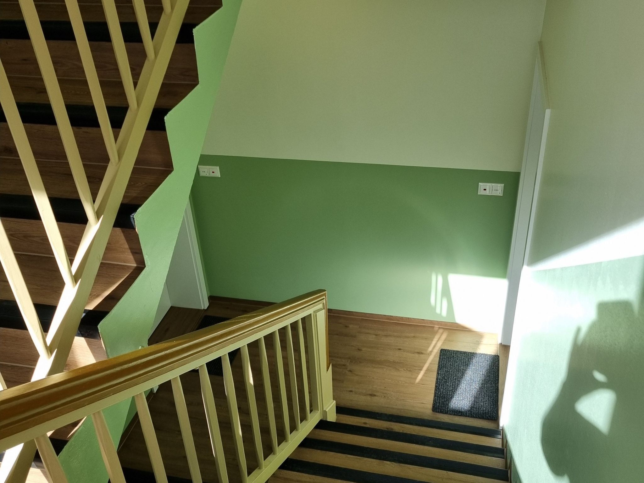 A wooden staircase with a green wall and a black mat at the bottom.