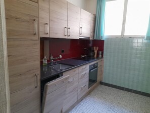 Fridge, dishwasher, cookware/dishes/utensils