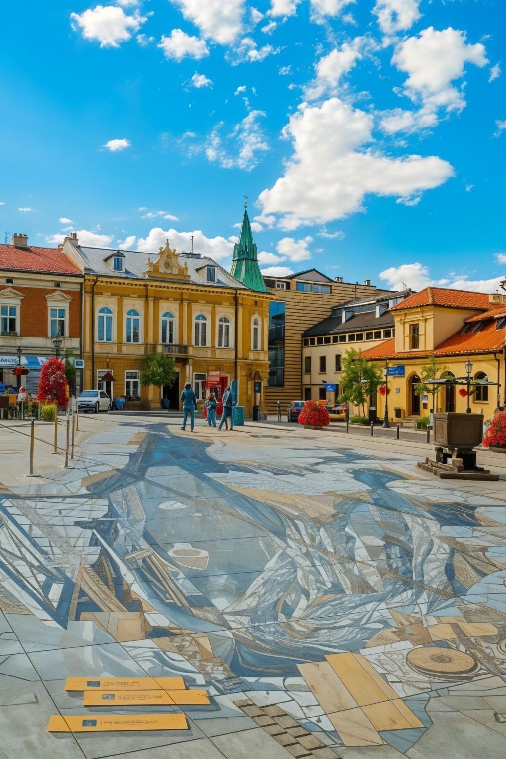 Ein Platz mit Mosaikboden, historischen Gebäuden und blauem Himmel.
