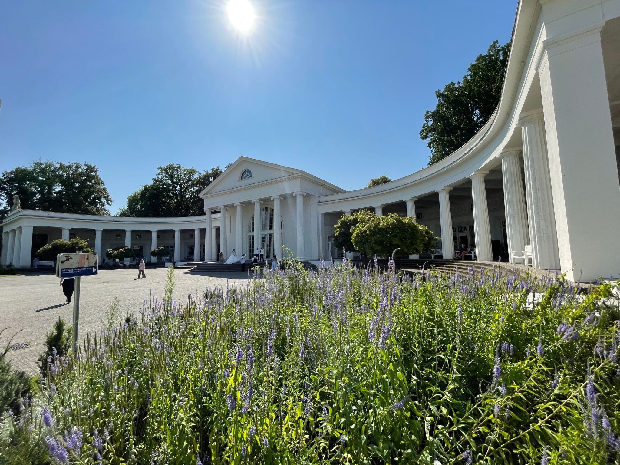 A classical building with a central courtyard, surrounded by lush greenery and lavender plants.