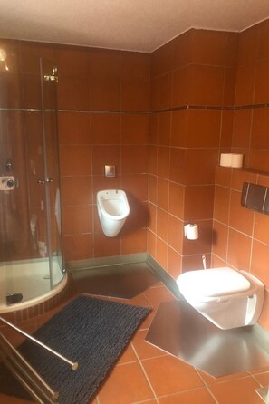A bathroom with a glass shower enclosure, a urinal, a toilet, and a towel rack. - Ruhige Ferienwohnung in Einum by Interhome (Hildesheim)