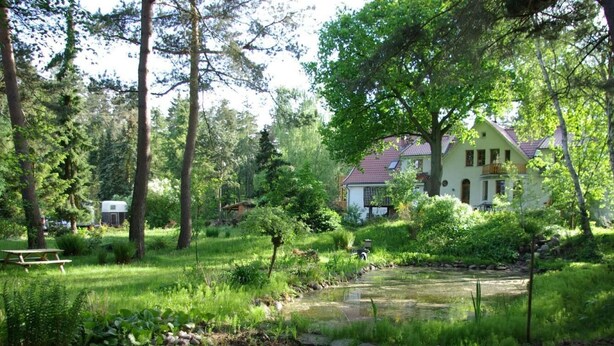 A house surrounded by a lush garden with a pond and picnic table. - Seerose by Interhome (Bleckede)