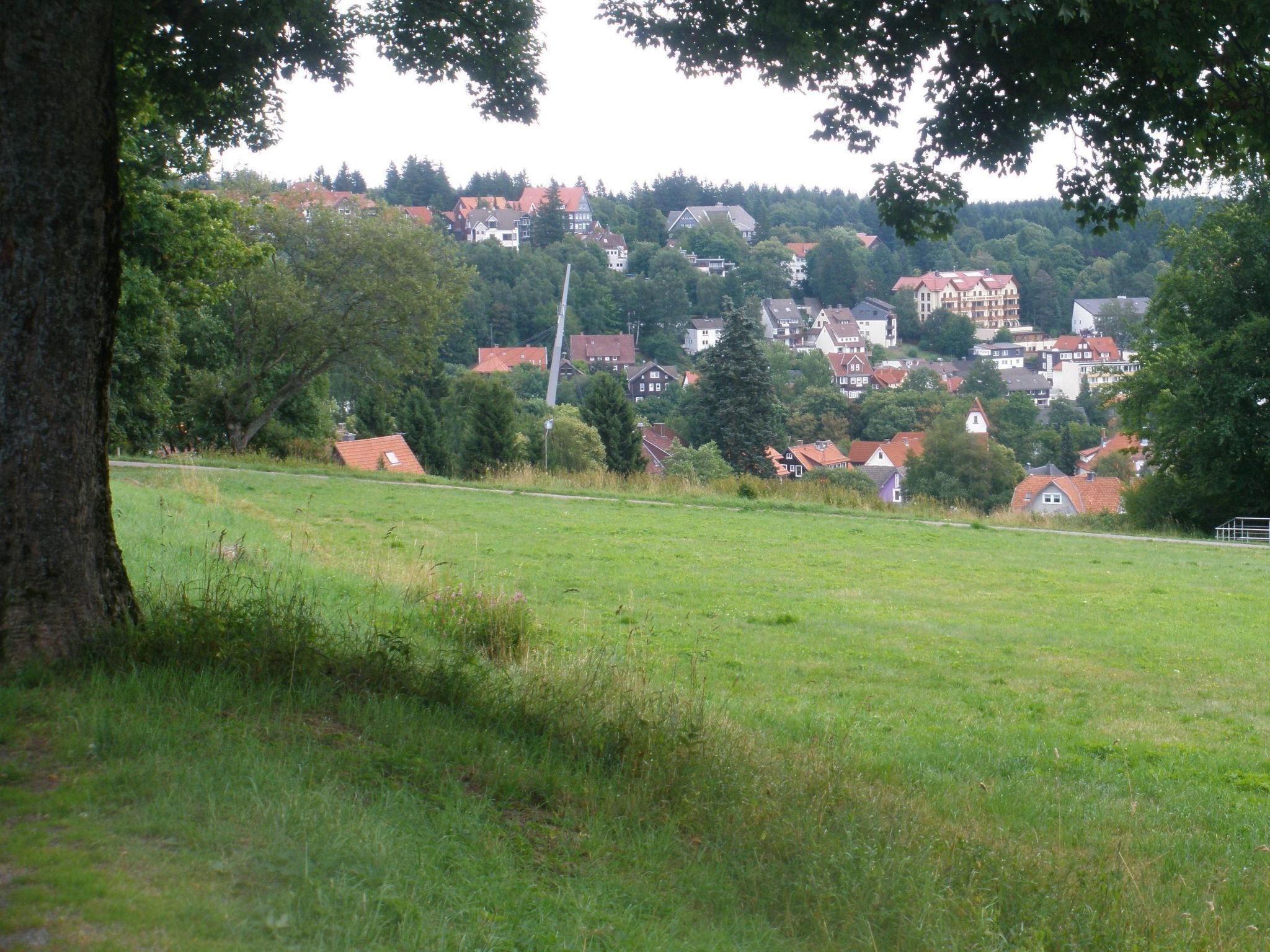 Un paysage rural avec un champ au premier plan et un groupe de maisons sur une colline à l’arrière-plan.