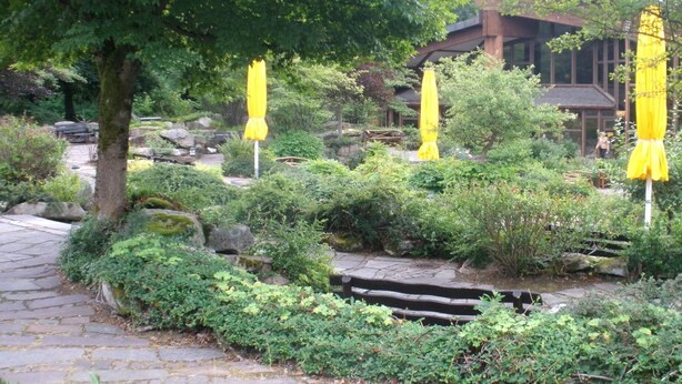 A garden pathway with yellow umbrellas, a stone bridge, and a building in the background. - für zwei Personen, WLAN vorhanden by Interhome (Braunlage)