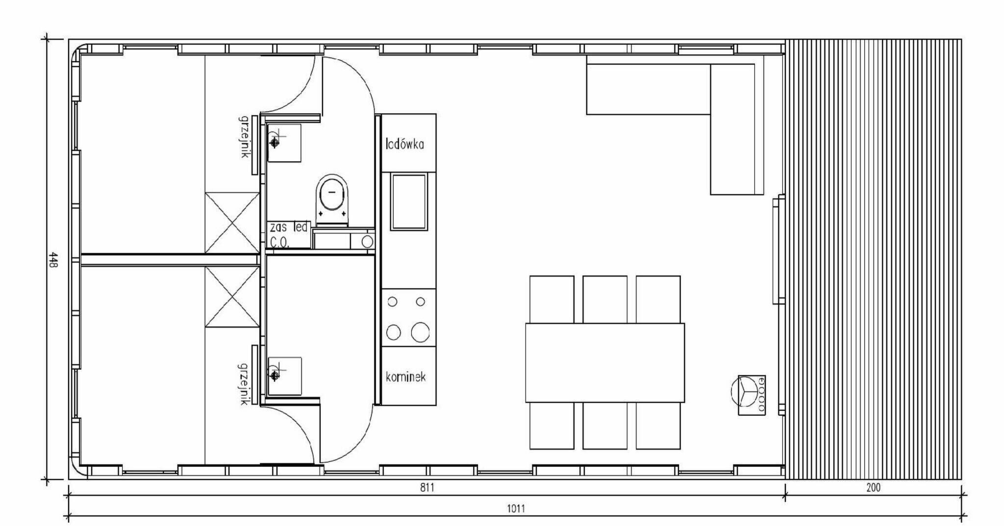 Een plattegrond van een hotelkamer met een kitchenette, een badkamer en een eethoek.