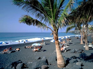 Een strand met palmbomen, parasols en mensen die zonnebaden.