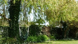 Eine Hängematte zwischen Bäumen in einem üppigen Garten mit einem Weg und viel Grün.