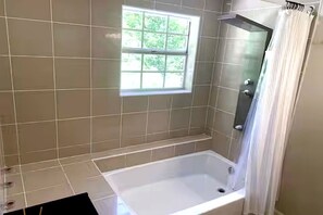 Hair dryer, towels, soap, shampoo