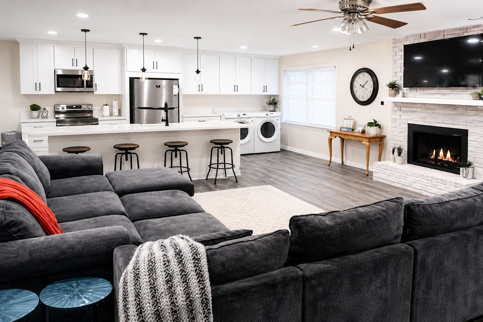 Smart TV, fireplace, books