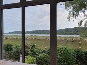 Blick auf ein grasbewachsenes Feld mit weidenden Schafen, einen See und Hügel im Hintergrund.