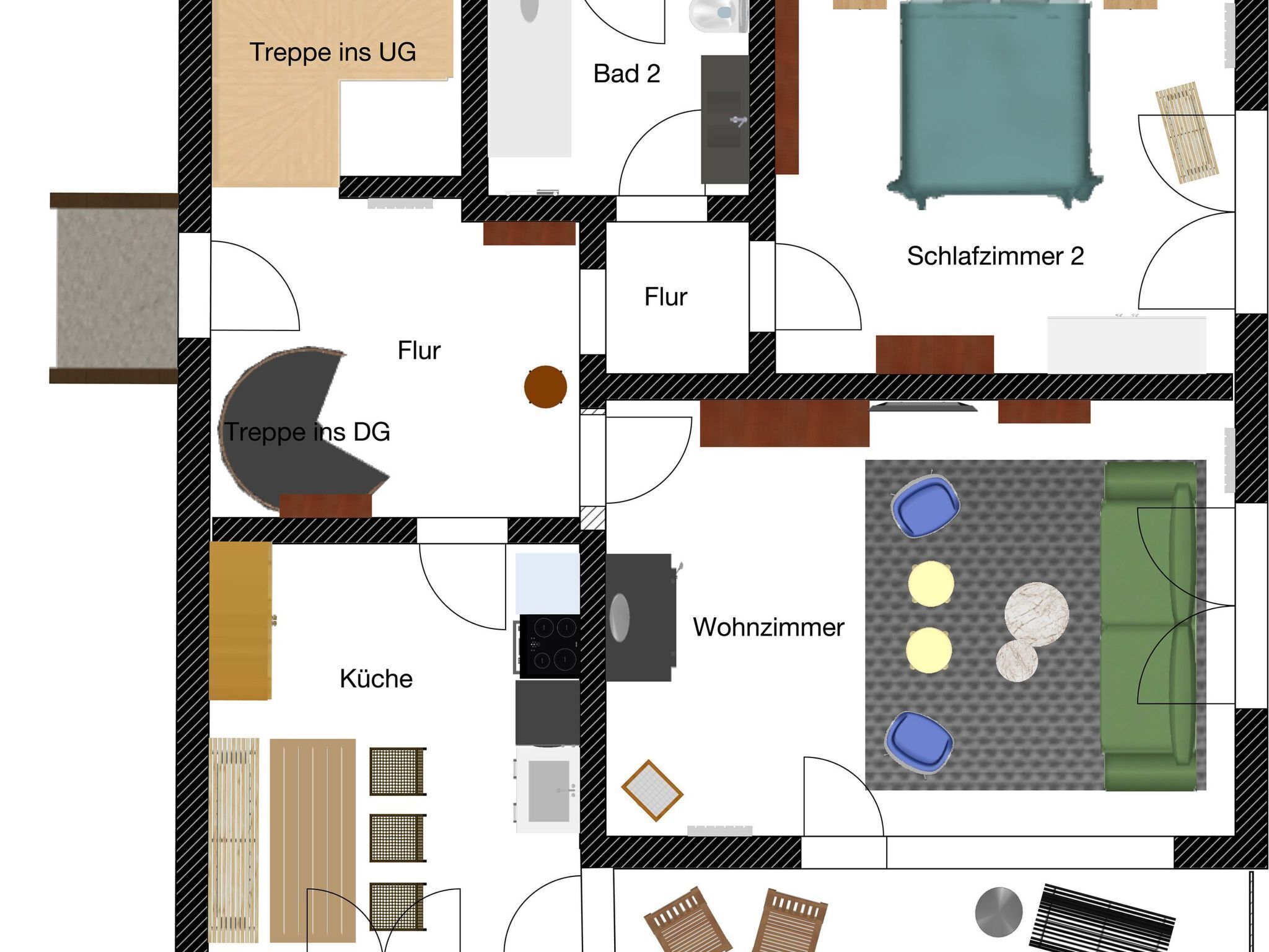 Een plattegrond van een hotel met aangeduide kamers, waaronder een woonkamer, keuken en twee slaapkamers.