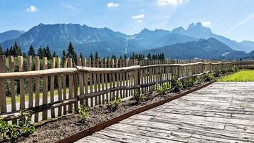 Eine Holzterrasse mit Metallgeländer, die zu einer Berglandschaft führt.