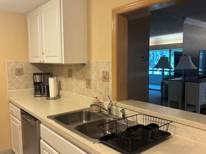 A kitchen with two stainless steel sinks, a coffee maker, and a dish drying rack. - Spacious 2-bedroom condo in beautiful Palm Harbor with ALL the amenities! (Palm Harbor)