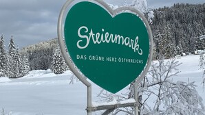 Un panneau en forme de cœur portant les inscriptions « Steiermark » et « Das Grüne Herz Österreichs », indiquant un lieu en Autriche.