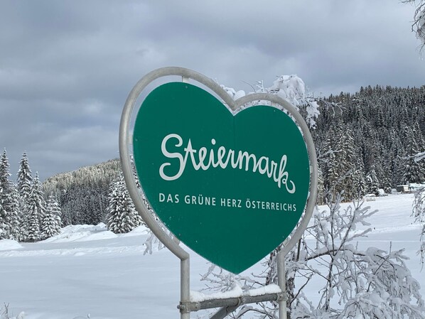Un cartello a forma di cuore con il testo "Steiermark" e "Il cuore verde d'Austria" che indica una località austriaca.