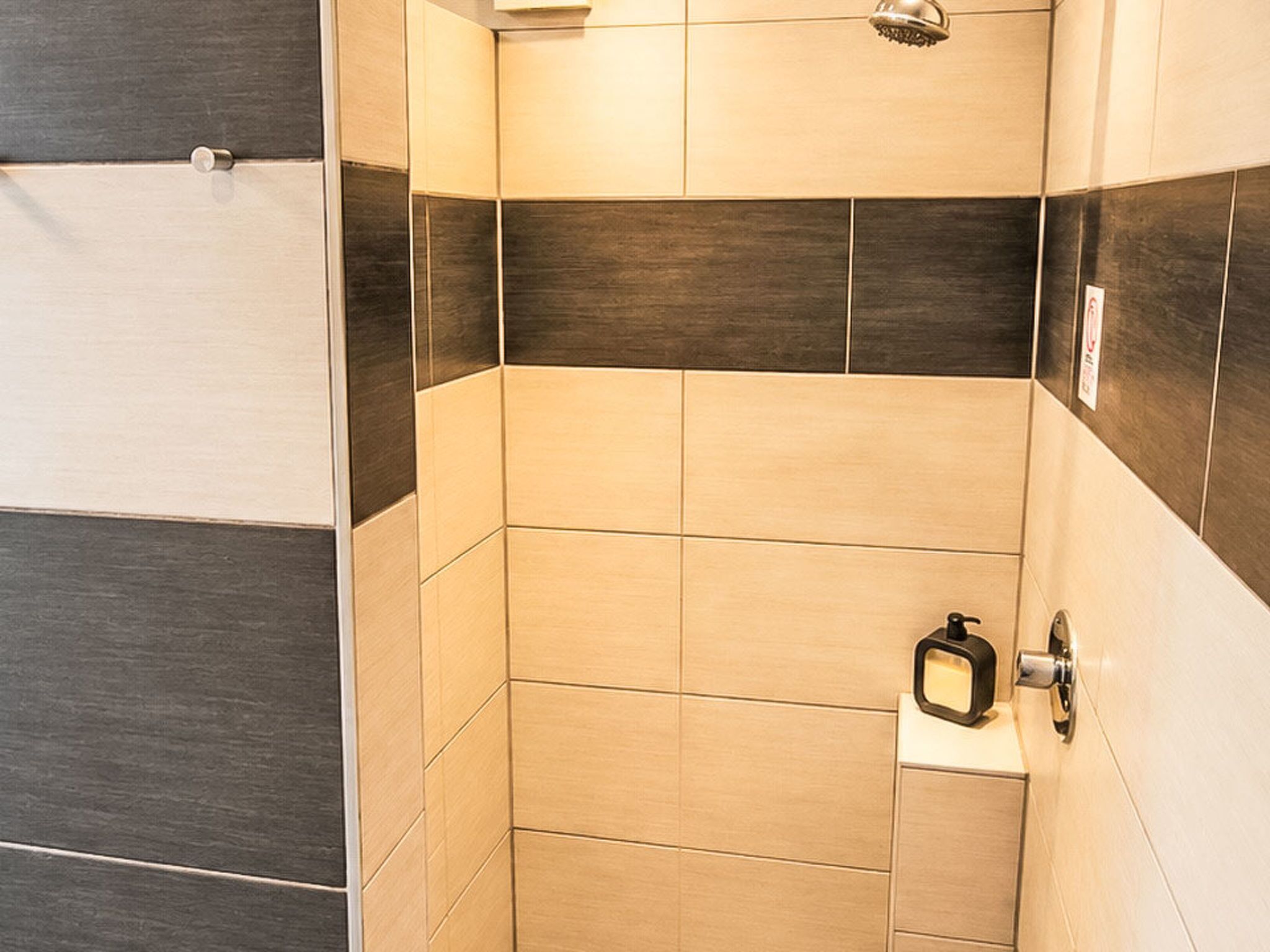 Ein Duschbereich mit gefliesten Wänden, einer Handbrause und einem Seifenspender.