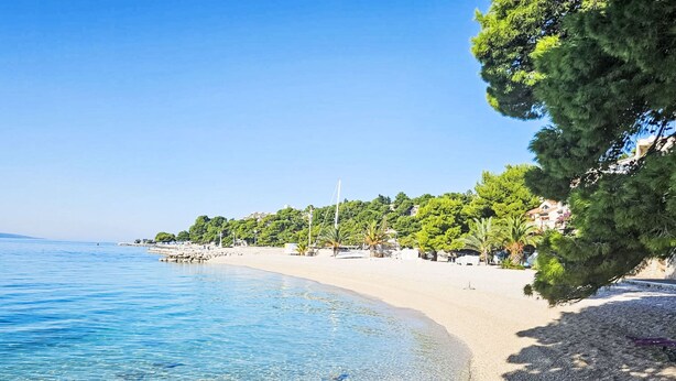 Une plage côtière aux eaux bleues et limpides, avec un rivage de galets et, en arrière-plan, des arbres et des bâtiments.