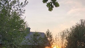 Eine rustikale Holzhütte mit geneigtem Dach, umgeben von einem Teich, dichtem Grün und wolkenlosem Himmel.