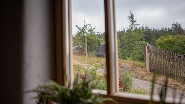 A window view of a natural landscape with a wooden fence, a thatched structure, and a variety of plants. - Komfortable Ferienwohnung in Paulinzella mit Großem Garten by Interhome (Königsee)