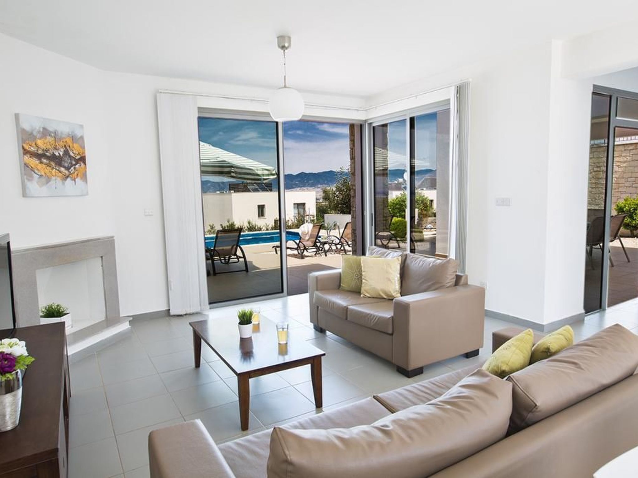 Televisión, chimenea y reproductor de DVD 