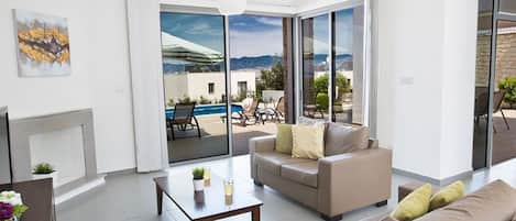 Televisión, chimenea y reproductor de DVD