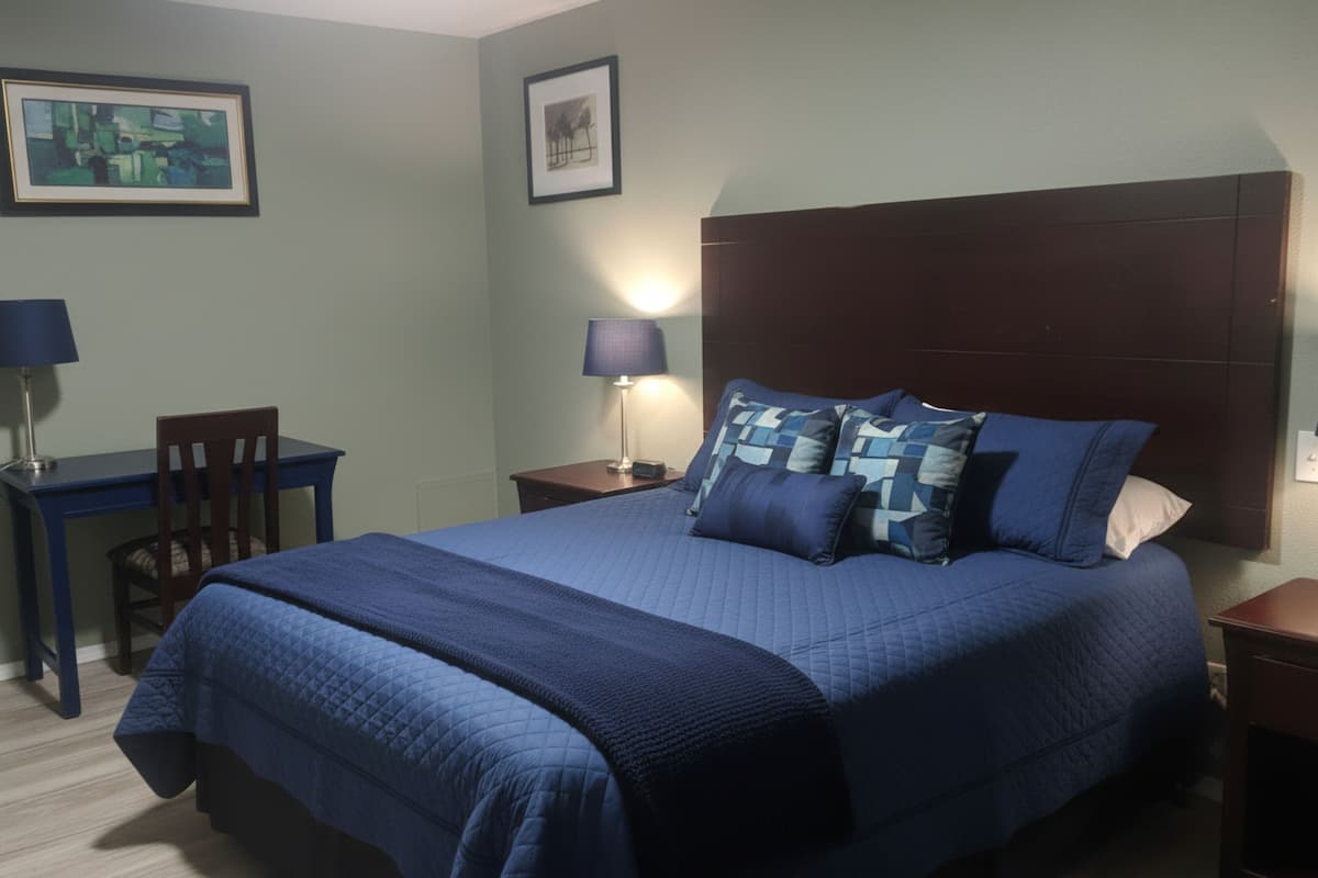 A neatly arranged bedroom with a large bed, two bedside tables with lamps, a chair, and two framed pictures on the wall.