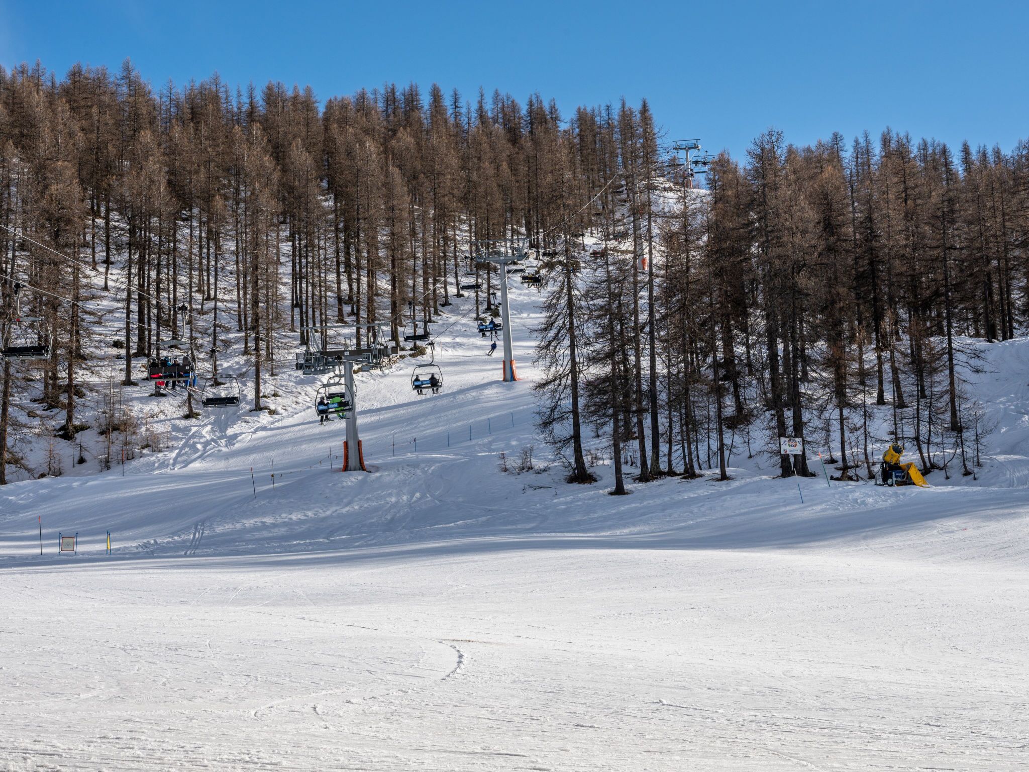 Een besneeuwde piste met skiliften en bomen.