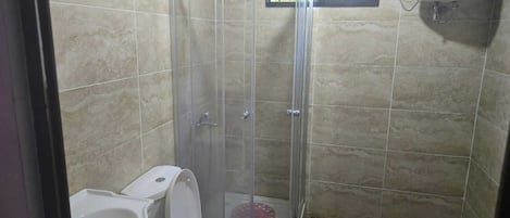 Shower, towels, toilet paper