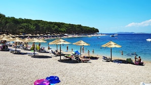 Ein Strand mit Sonnenschirmen, Liegestühlen und Menschen, die das Wasser genießen.