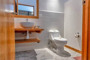 Regadera, toallas, jabón, shampoo 