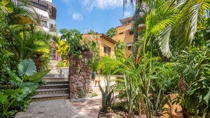 A courtyard with a stone staircase leading to a building, surrounded by lush tropical plants and a clear blue sky. - Amare Las Villas (Sayulita)