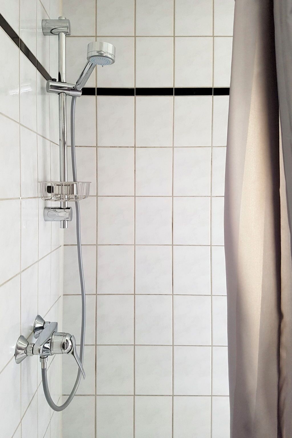 Une douche avec des robinets chromés et un mur carrelé.