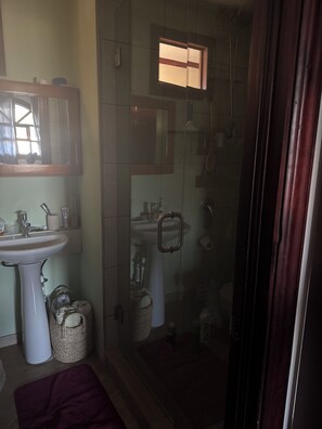 Een haardroger, handdoeken, zeep, toiletpapier
