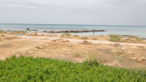 Paisagem costeira com linha de costa rochosa, vegetação rasteira e céu limpo.