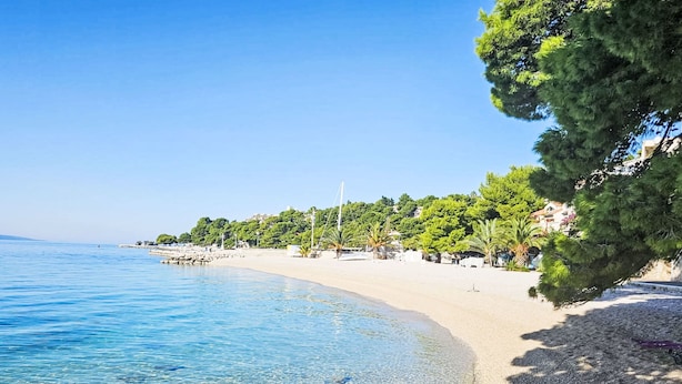 Une plage côtière aux eaux bleues et limpides, avec un rivage de galets et, en arrière-plan, des arbres et des bâtiments.