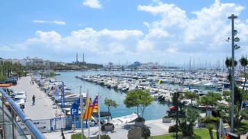 A marina with numerous boats docked, a clear sky, and a cityscape in the background.