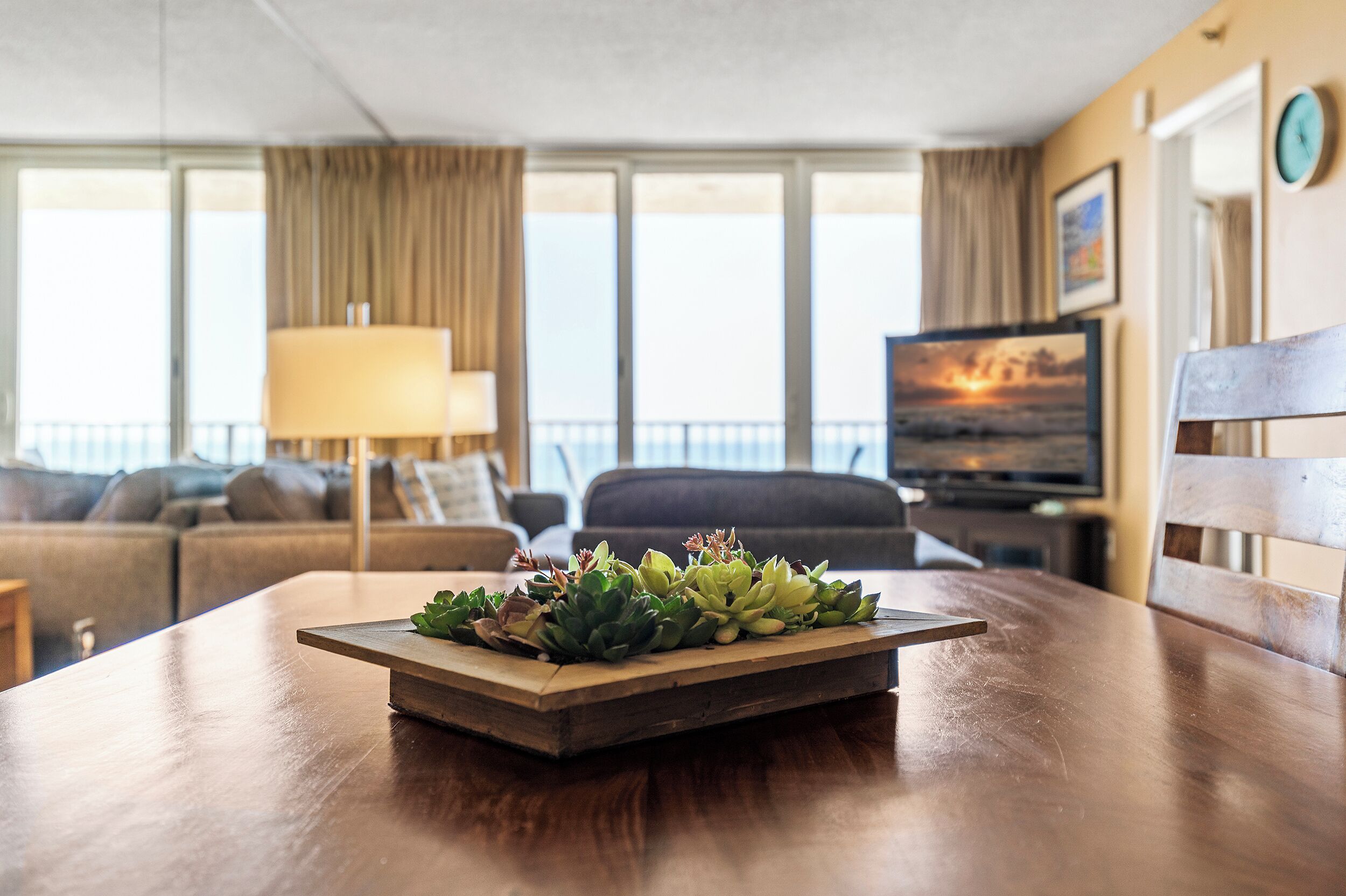 Une table basse en bois ornée d’un arrangement de plantes succulentes, dans un salon moderne comprenant un canapé, une lampe et un téléviseur.