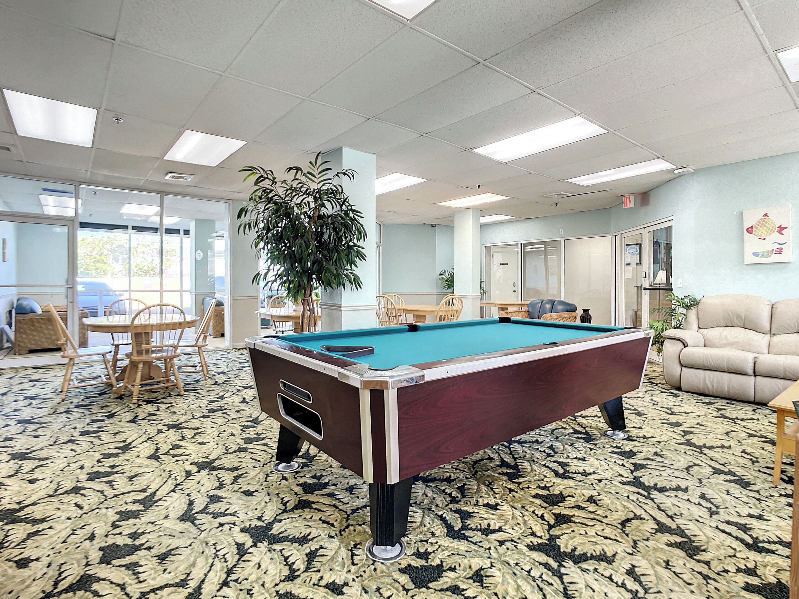 A pool table in a room with patterned carpet, a large potted plant, and a beige sofa.