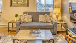 A living room with a grey sofa, patterned cushions, a coffee table, a TV, and a lamp. - Coach House at Elyon Hall (Gary)