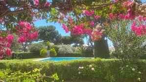 Ein gepflegter Garten mit Schwimmbad, umgeben von Hecken und blühenden Pflanzen.