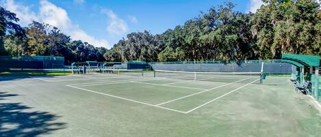 A tennis court with multiple courts, surrounded by trees and a clear sky.