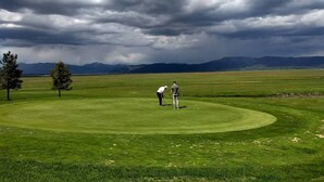 Un campo de golf con un putting green, árboles y montañas al fondo.