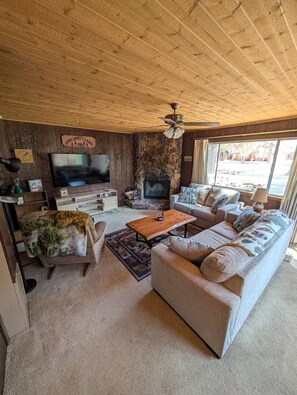 Smart TV, chimenea, reproductor de DVD y libros 