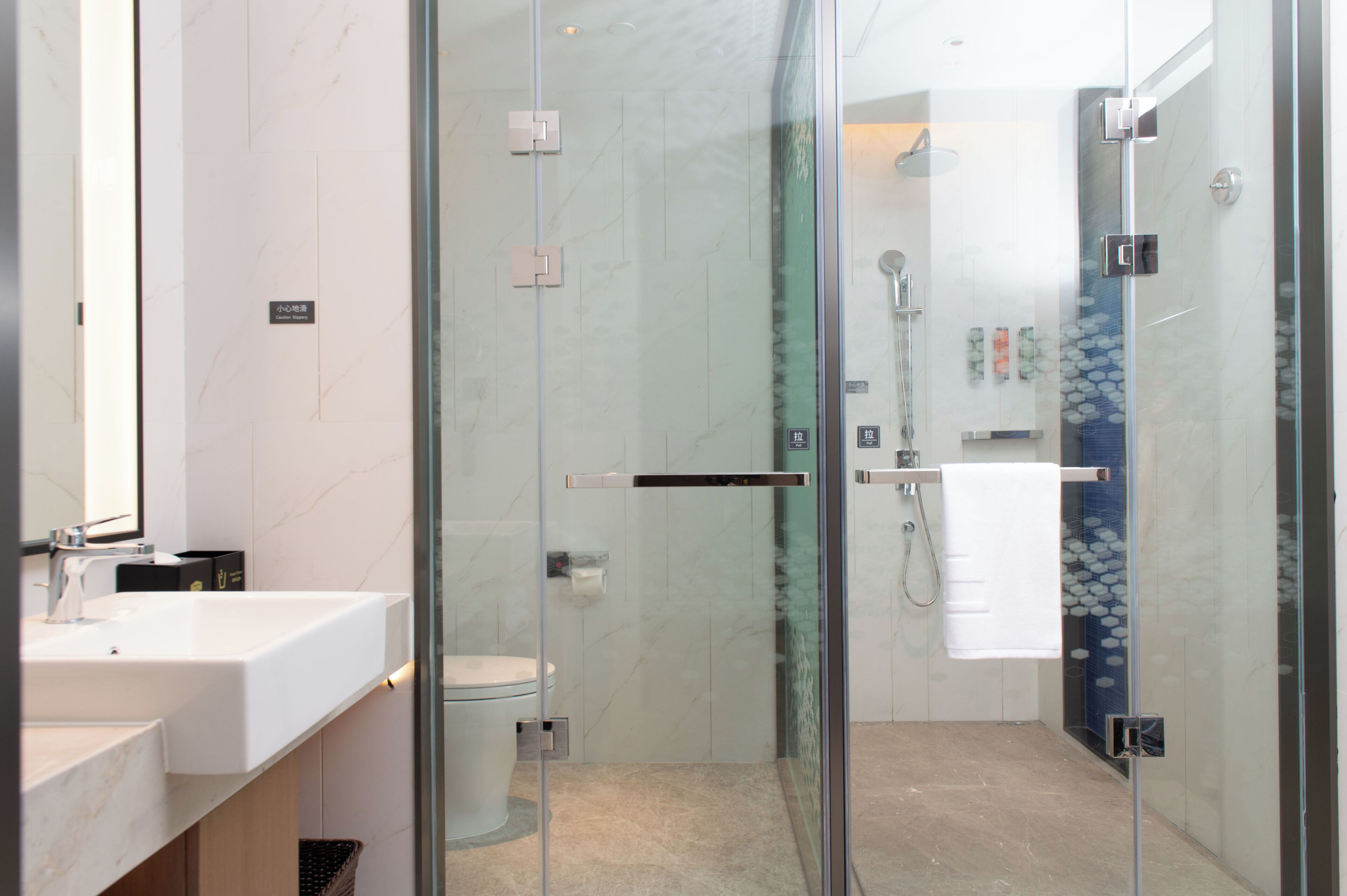 A modern bathroom with a glass-enclosed shower, a white sink, and a toilet.