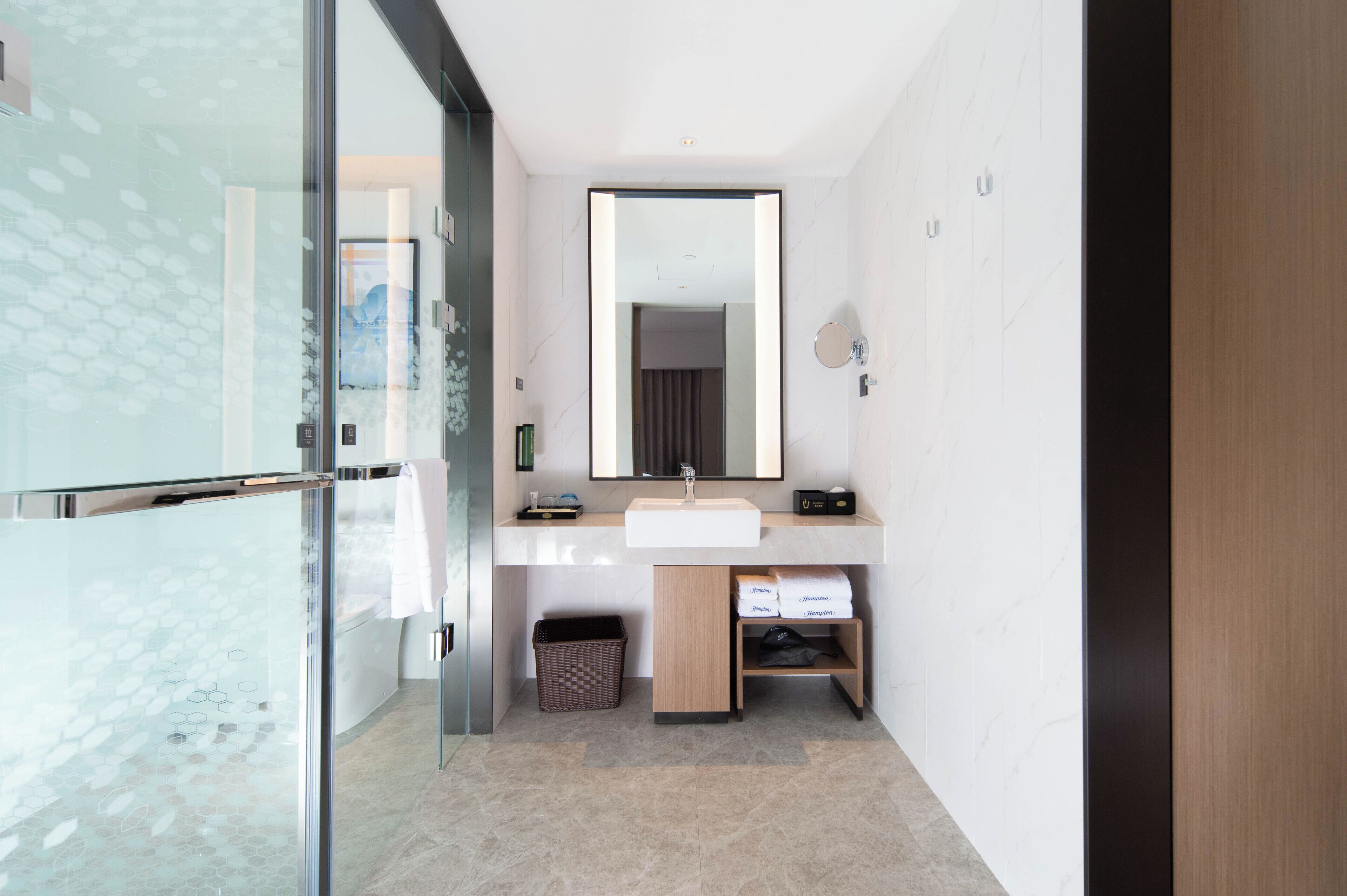 A modern bathroom with a glass shower enclosure, a white sink, and a mirror above it.