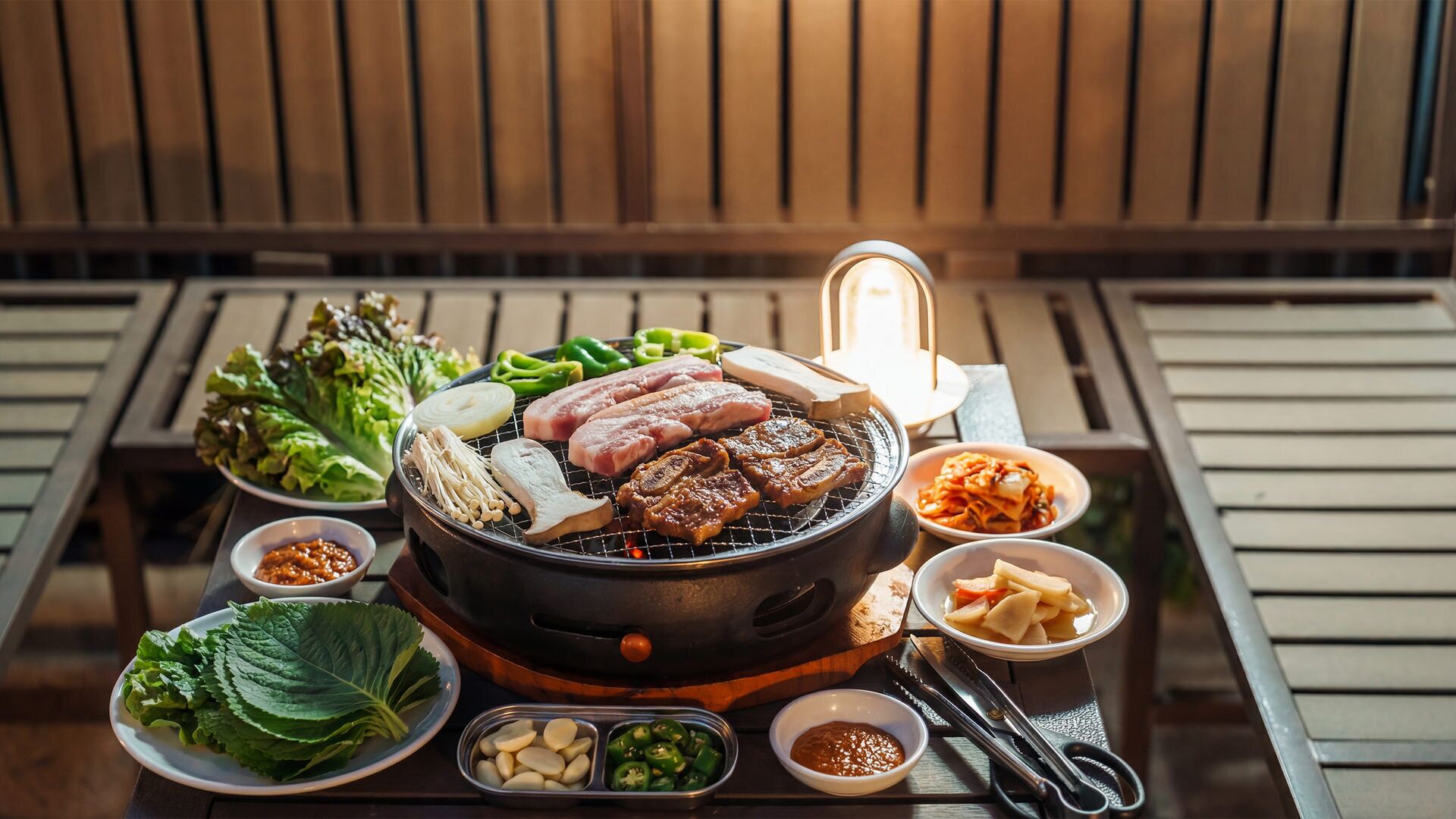 A grill with various meats and vegetables, accompanied by side dishes and condiments.
