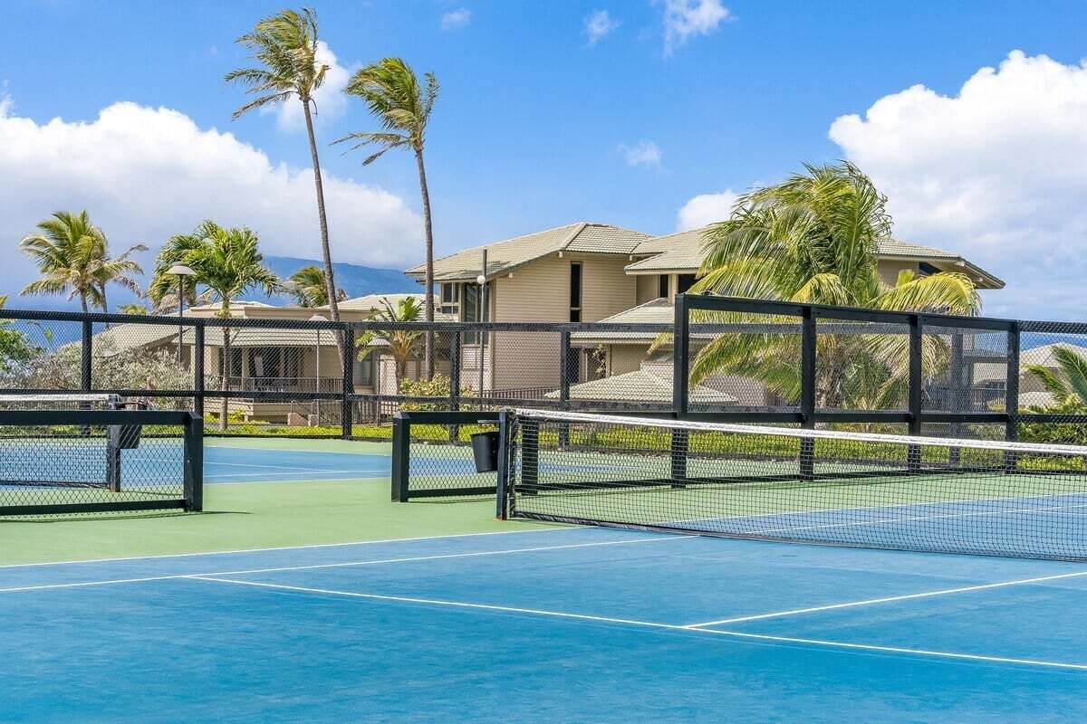 A tennis court with a net, surrounded by palm trees and a building with a light-colored roof.